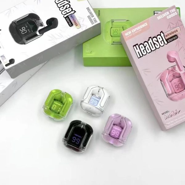 Air31 Earbuds Wireless Crystal Transparent body | Air 31 Bluetooth Ear Bud - with pouch (random color) - black